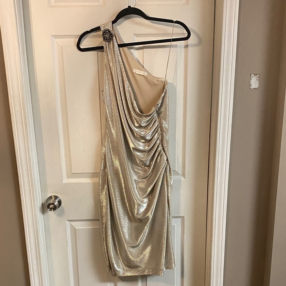 London Times Shimmering Gold One-Shoulder Dress